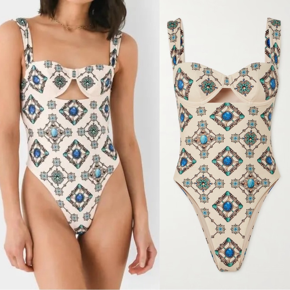 Agua by Agua Bendita Cream One-Piece Swimsuit with Blue and Teal Jewel Print